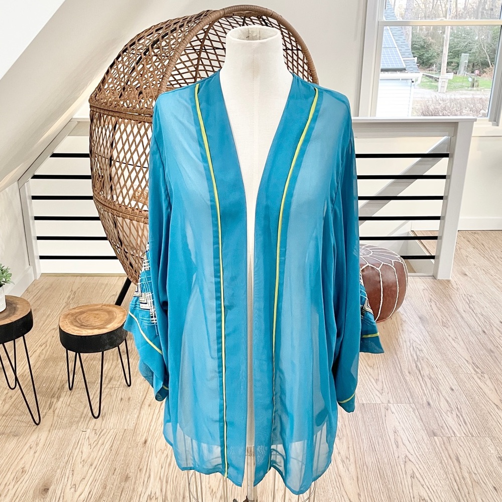 Antthony, teal blue, green, sheer, embroidered kimono